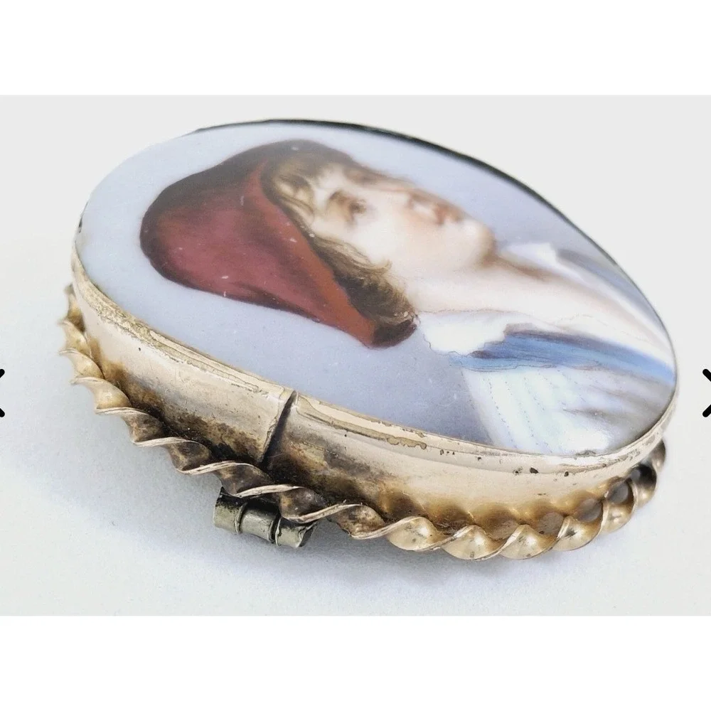 Antique Oval Porcelain Portrait Brooch of Young Boy with Cap.  Hand Painted